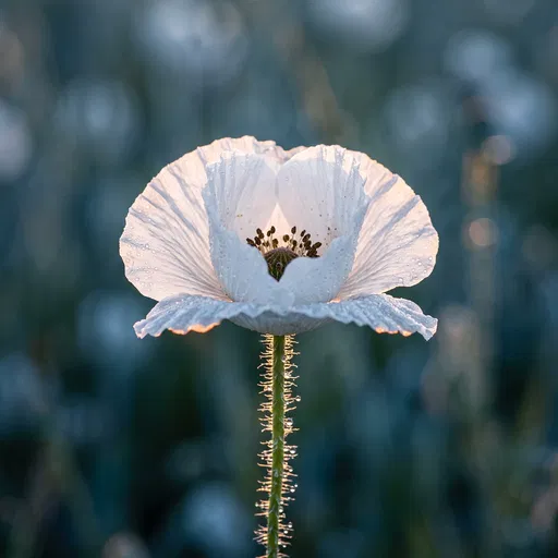 Dewy White Poppy in Morning Light