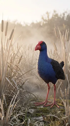 Pukeko Bird in Misty Wetland Reeds