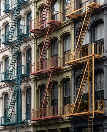 Colorful Fire Escapes on Historic Facades
