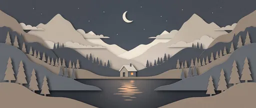 Paper Cut Night Mountain Cabin Landscape