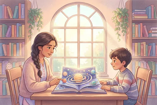 Tutor and Boy With Solar System Book