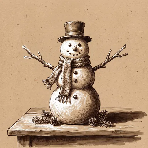 Vintage Sepia Snowman Drawing on Kraft Paper