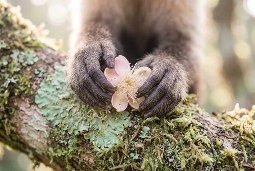 Capuchin Monkey Hands Holding Pink Flower