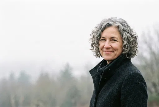 Smiling Woman With Curly Grey Bob Outdoors