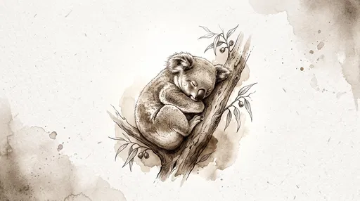 Sepia Ink Illustration of Sleeping Koala