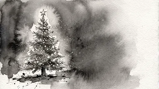 Monochrome Ink Wash Christmas Tree Sketch
