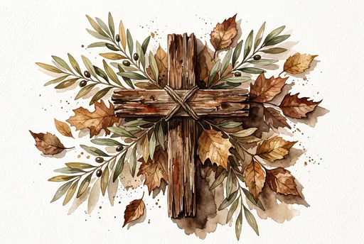 Watercolor Wooden Cross With Autumn Foliage