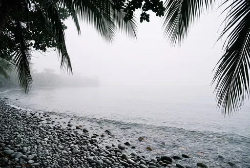Misty Tropical Pebble Beach with Palm Fronds