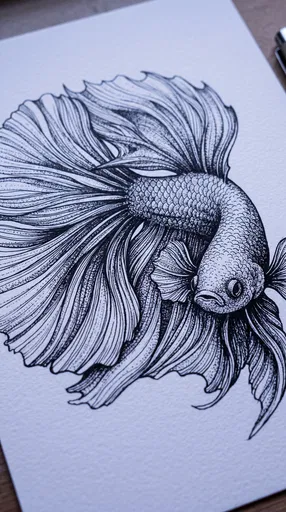 Black Ink Betta Fish Drawing on Paper