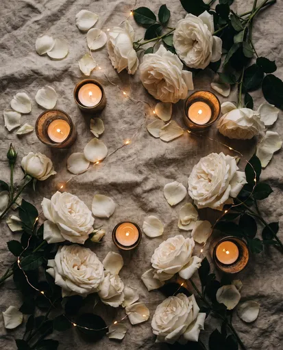 White Roses and Candles on Linen