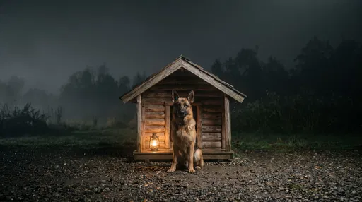 German Shepherd Outside Rustic Wooden Doghouse