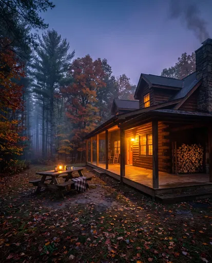 Rustic Log Cabin in Misty Autumn Twilight
