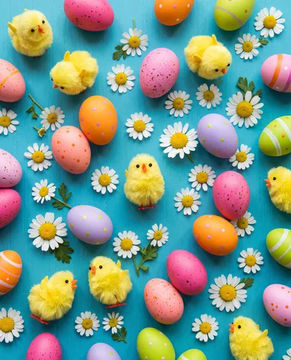 Easter Eggs Chicks and Daisies Flat Lay