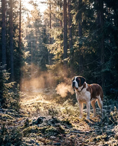 Saint Bernard in Frosty Morning Pine Forest