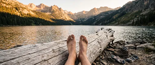 Bare Hiker Feet by Mountain Lake