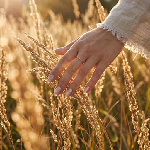 Hand With Almond Nails in Wheat