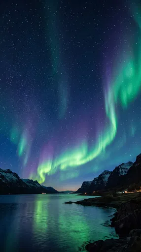Aurora Borealis Over Coastal Fjord at Night
