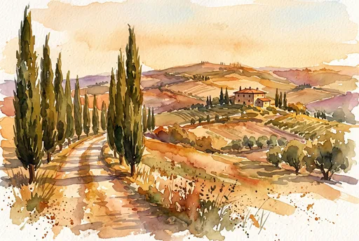 Watercolor Tuscan Hillside at Golden Hour