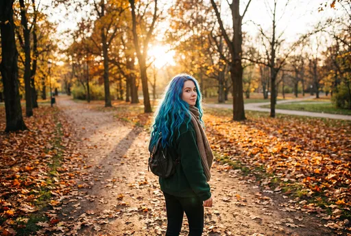 Woman With Blue Hair in Autumn Park
