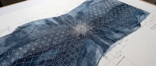 Architectural Drawing of Indigo Sashiko Stitching