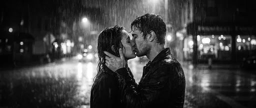 Couple Kissing in Night Rain