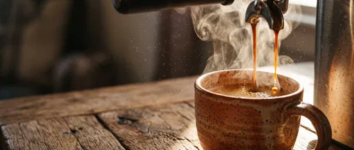 Espresso Pouring Into Rustic Ceramic Mug