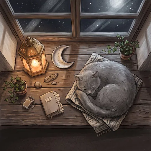 Gray Cat Sleeping on Cozy Night Windowsill
