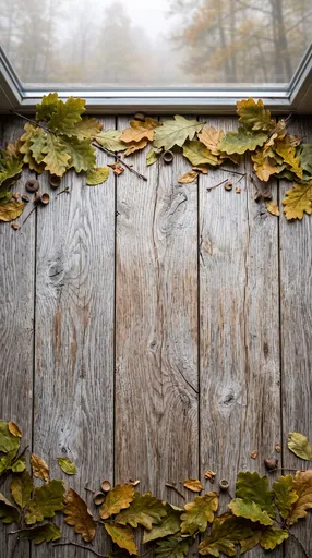 Rustic Wooden Window Sill with Autumn Leaves