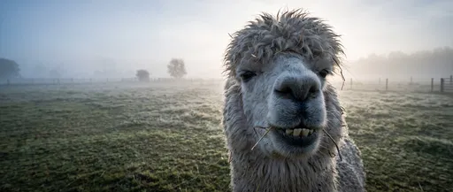 Funny Alpaca Photobombing in Misty Morning Meadow