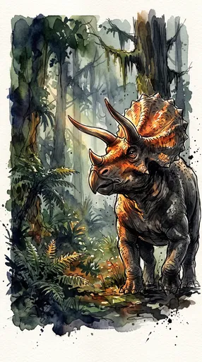 Watercolor Illustration of Triceratops in Forest