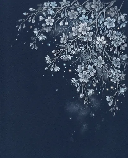 Charcoal Sakura Branch on Dark Blue Paper
