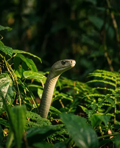 Alert Black Mamba in Green Foliage