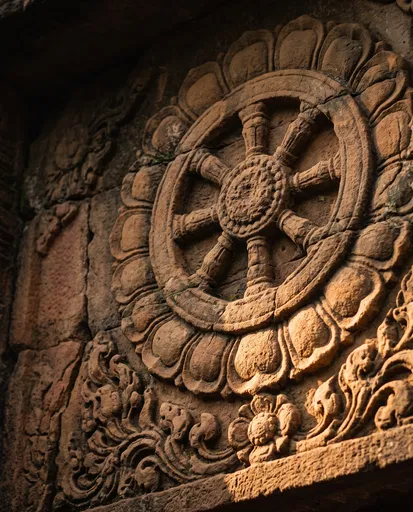 Ancient Sandstone Dharmachakra Wheel Relief Carving
