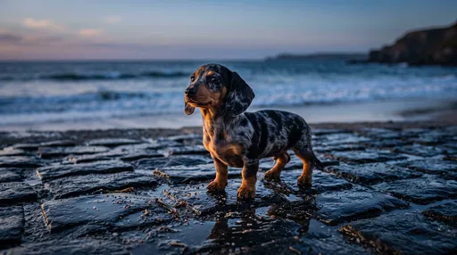Dapple Dachshund Puppy on Coastal Cobblestones