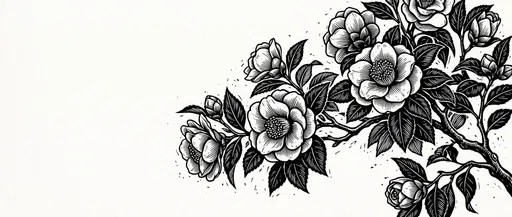 Black and White Camellia Branch Woodcut