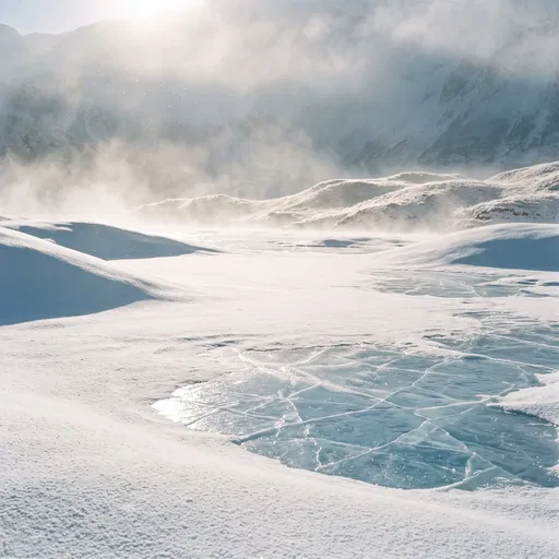 Sunlit Snowy Alpine Landscape With Cracked Ice