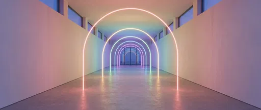 Minimalist Gallery Corridor With Rainbow Neon Arches