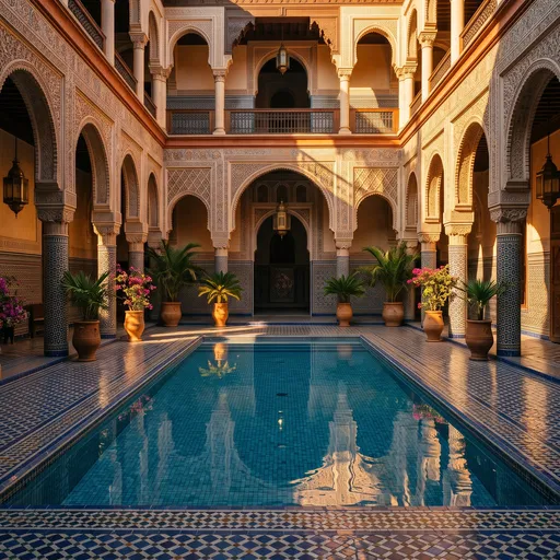 Sunlit Moroccan Courtyard With Blue Plunge Pool