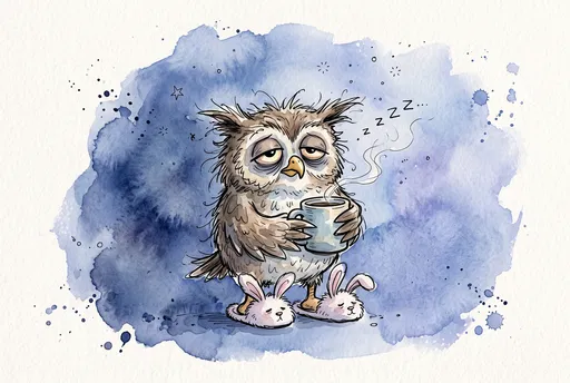 Sleepy Cartoon Owl With Coffee Mug