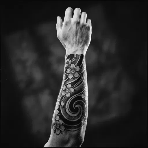 Monochrome Forearm With Sakura Tattoo