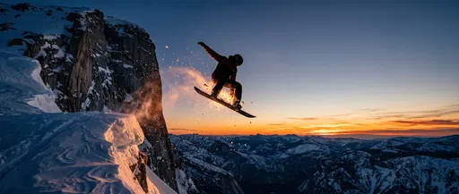 Snowboarder Jumping Off Cliff at Sunset