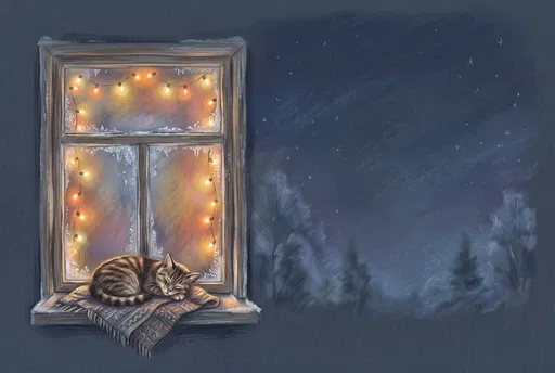 Pastel Drawing of Cat on Winter Windowsill