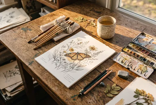 Botanical Butterfly Watercolor Drawing on Artist Desk