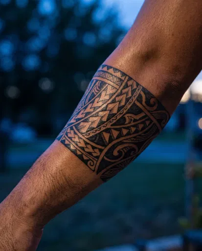 Polynesian Tribal Band Forearm Tattoo at Twilight