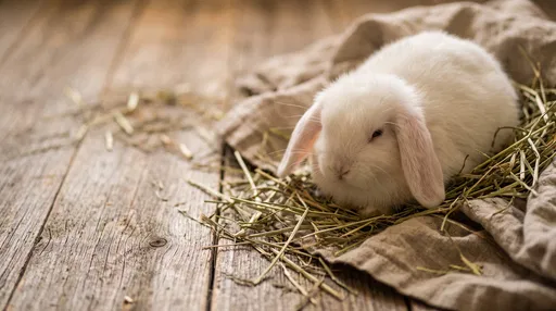 White Lop Rabbit Resting on Hay