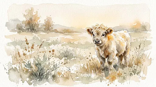 Watercolor Highland Calf in Autumn Pasture