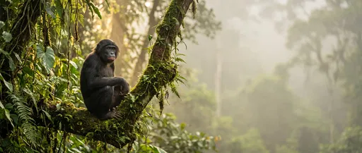 Bonobo Sitting on Mossy Rainforest Branch