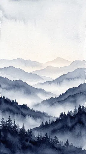 Indigo Watercolor Misty Mountain Landscape