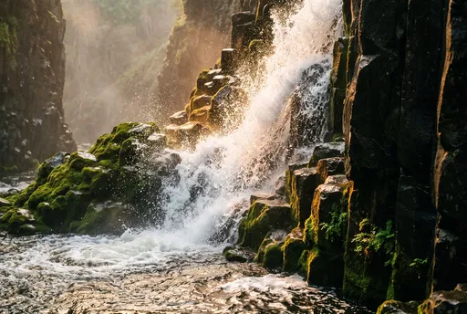 Golden Hour Waterfall on Mossy Basalt