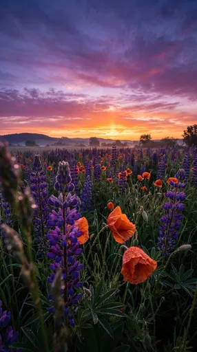 Wild Lupines and Poppies at Sunrise